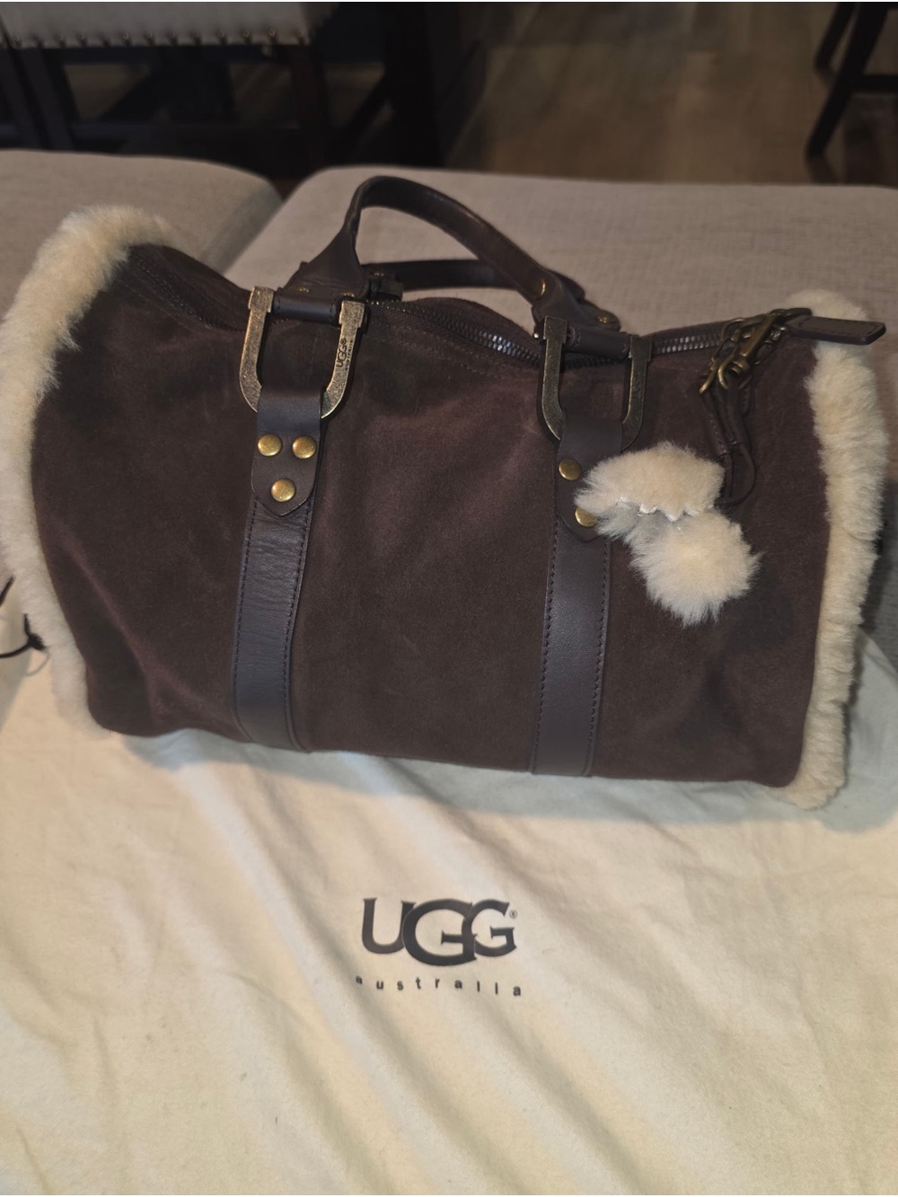 UGG Dark Brown Suede Duffel with Cream Shearling Trim